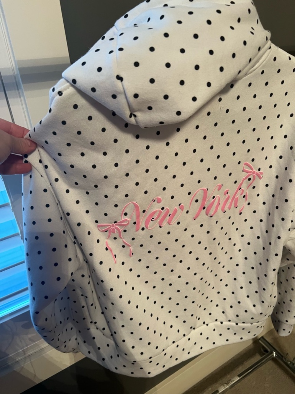 White Polka Dot Zip-Up Hoodie with Pink Bow Embroidery - New York On Back - Picture 4 of 5